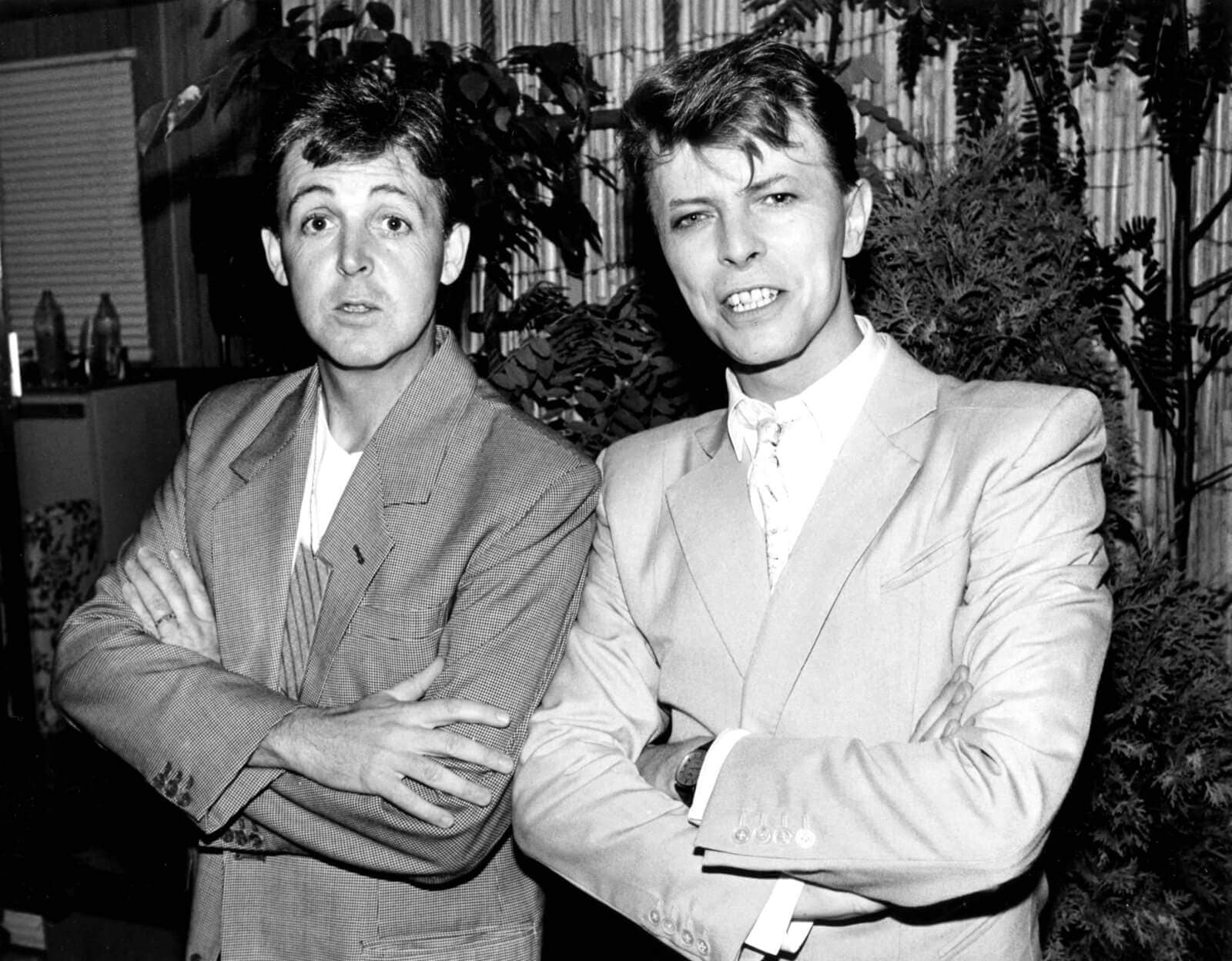 Paul McCartney and David Bowie at the Live Aid Concert in 1985, which was rehearsed at Bray Film Studios.